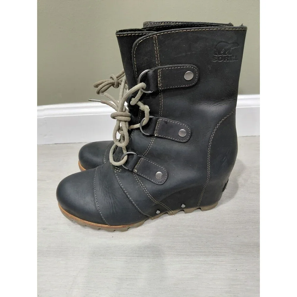 Sorel Joan of Arctic Lace Up Lexie Wedge Black Oil Rubbed Leather Women Size 7.5